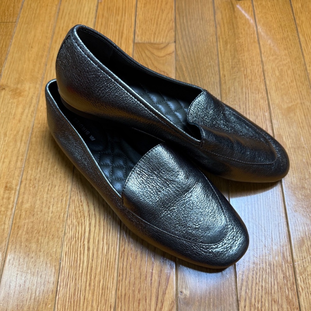 Birdies Starling Loafers Womens 7 Pewter Gunmetal Metallic Leather Flats Shoes